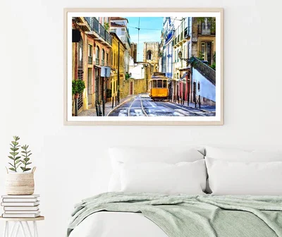 Romantic Lisbon Street with The Typical Yellow Tram and Lisbon Cathedral Home Decor Premium Quality Poster Print Choose Your Sizes