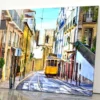 Romantic Lisbon Street with The Typical Yellow Tram and Lisbon Cathedral Acrylic Glass Print Tempered Glass Wall Art 100% Made in Australia Ready to Hang