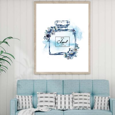 Fashion Perfume with Blue Shaded Flowers Design Home Decor Premium Quality Poster Print Choose Your Sizes