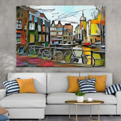 Bicycles Near Building Abstract Painting Print 100% Australian Made