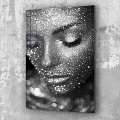 Silver Makeup Girl Print Tempered Glass Wall Art 100% Made in Australia Ready to Hang