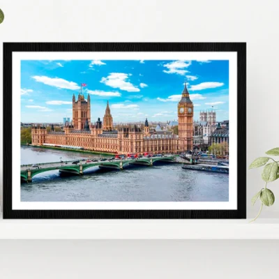 London Cityscape & Big Ben Tower Glass Framed Wall Art, Ready to Hang Quality Print