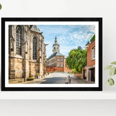 Belfry Tower With Church Belgium Glass Framed Wall Art, Ready to Hang Quality Print