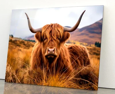 Highland Cow with Horns & Mountain View Acrylic Glass Print Tempered Glass Wall Art 100% Made in Australia Ready to Hang