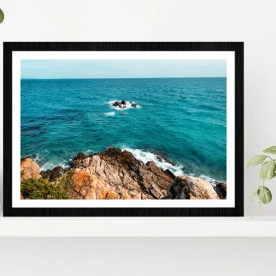 Tropical Beach At Island & Rocks Glass Framed Wall Art, Ready to Hang Quality Print