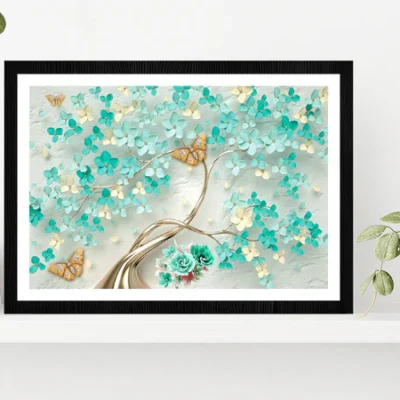 Green Flowers & Golden Butterfly Glass Framed Wall Art, Ready to Hang Quality Print