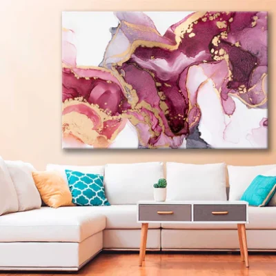 Bella Home Red Pink & Gold Lines Abstract Print Canvas Ready to hang