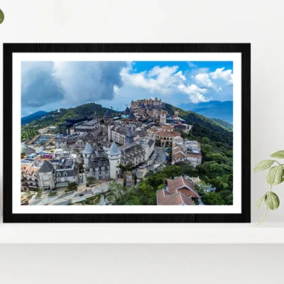 Cityscape & Forest View Blue Sky Glass Framed Wall Art, Ready to Hang Quality Print