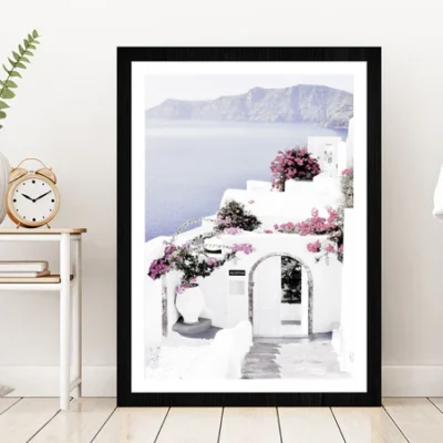 Houses & Flower Trees near Sea Photograph Glass Framed Wall Art, Ready to Hang Quality Print