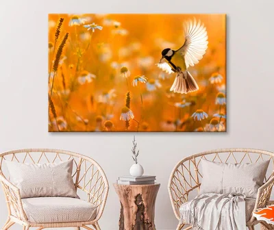 Little Bird Yellow Tit Flies Over a Field Wall Art Decor 100% Australian Made
