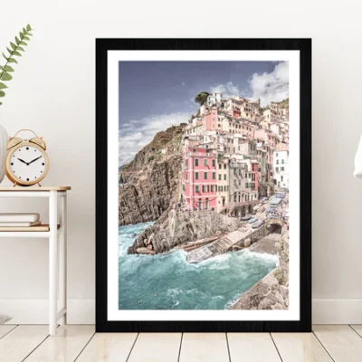 Cinque Terre City & Coastal View Photograph Glass Framed Wall Art, Ready to Hang Quality Print