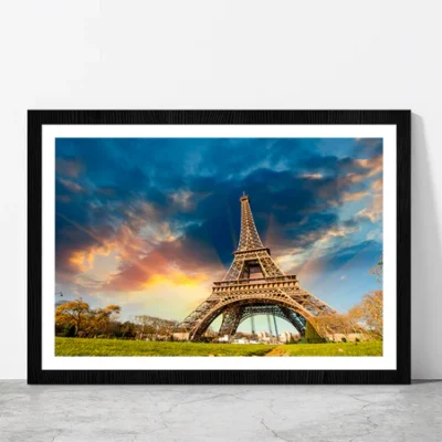 Eiffel Tower In Paris & Sunrise Glass Framed Wall Art, Ready to Hang Quality Print