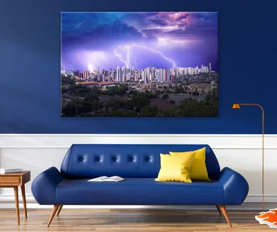 Thunder Storm with Various Lightnings on City View Print 100% Australian Made