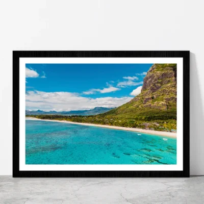 Le Morne Mountain In Island Beach Glass Framed Wall Art, Ready to Hang Quality Print