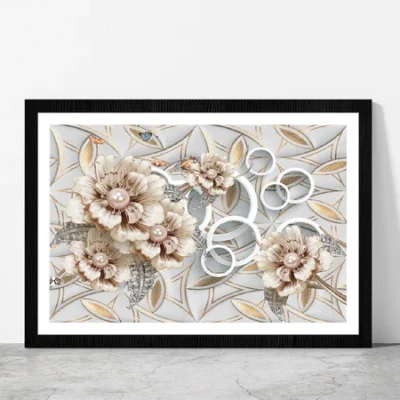 Golden Flower Abstract Design Glass Framed Wall Art, Ready to Hang Quality Print