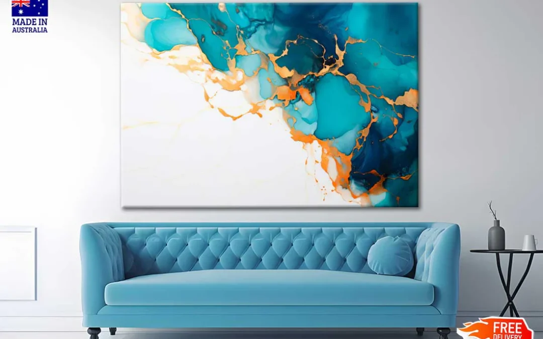 Colors Gold Blue Ink Alcohol Painting Print 100% Australian Made