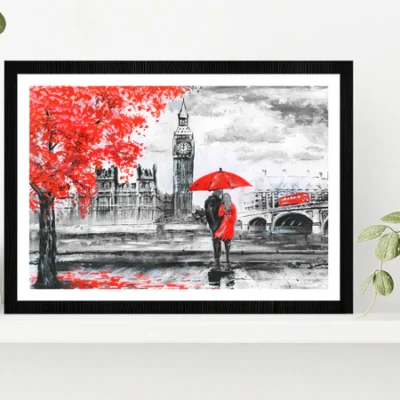 River & Bus On Bridge, Man & Woman Under A Red Umbrella, Street View Of London Glass Framed Wall Art, Ready to Hang Quality Print