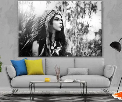 Indian Native Girl with Feather Headdress B&W Photograph Print 100% Australian Made
