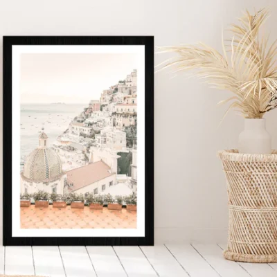 Sea & Houses Skyline Faded Photograph Glass Framed Wall Art, Ready to Hang Quality Print