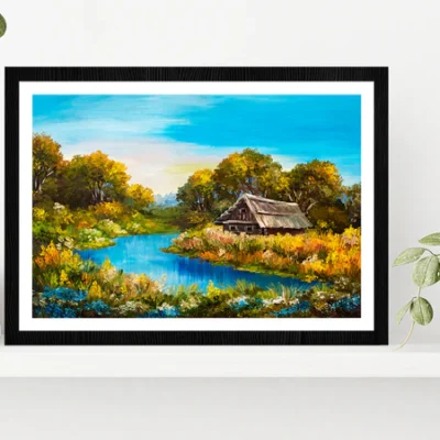 Farmhouse Near The River Oil Painting Glass Framed Wall Art, Ready to Hang Quality Print