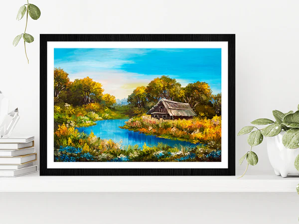 Farmhouse Near The River Oil Painting Glass Framed Wall Art, Ready to Hang Quality Print