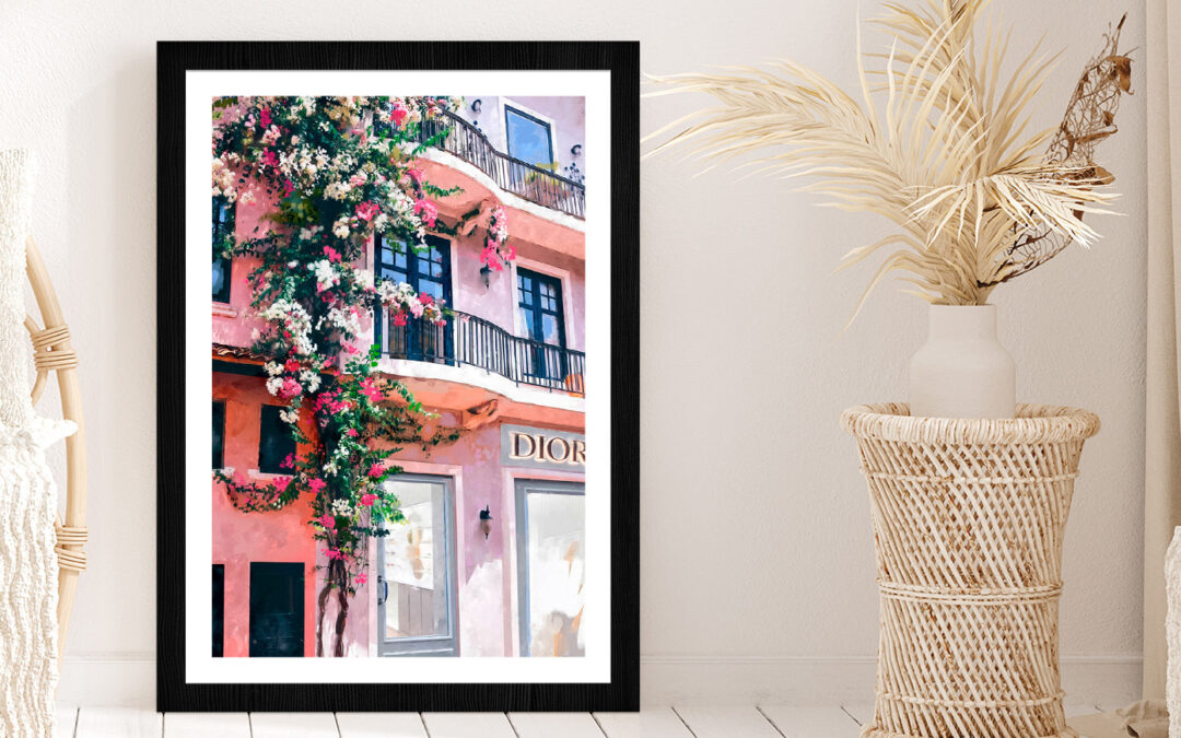 Flower Branch on Fashion Store View Photograph Glass Framed Wall Art, Ready to Hang Quality Print
