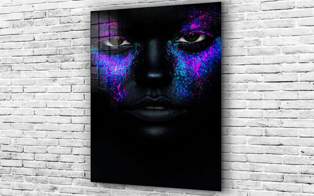 Woman in Blue Glitter Print Tempered Glass Wall Art 100% Made in Australia Ready to Hang