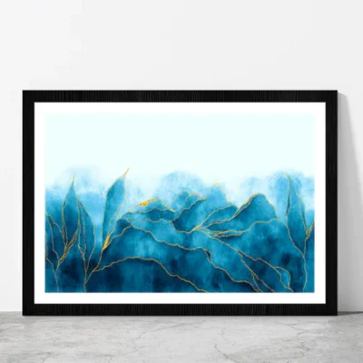 Blue & Gold Watercolor Paint Glass Framed Wall Art, Ready to Hang Quality Print