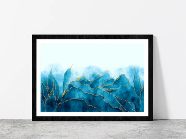 Blue & Gold Watercolor Paint Glass Framed Wall Art, Ready to Hang Quality Print