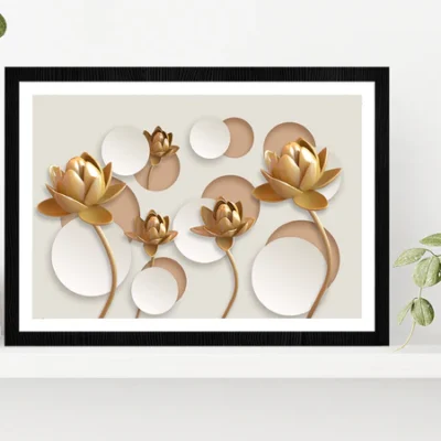 White & Gold 3D Floral Design Glass Framed Wall Art, Ready to Hang Quality Print