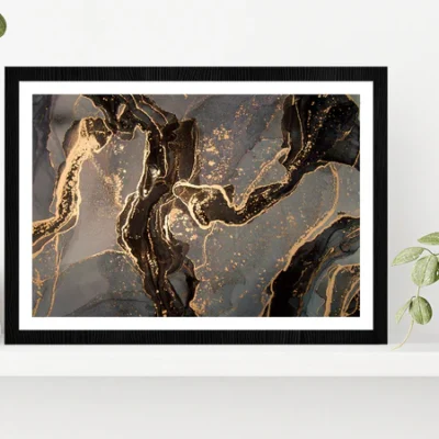 Gold & Black Abstract Marble Paint Glass Framed Wall Art, Ready to Hang Quality Print