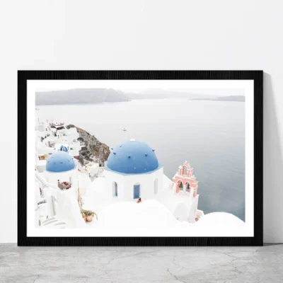 Santorini White Houses & Sea Faded Photograph Glass Framed Wall Art, Ready to Hang Quality Print