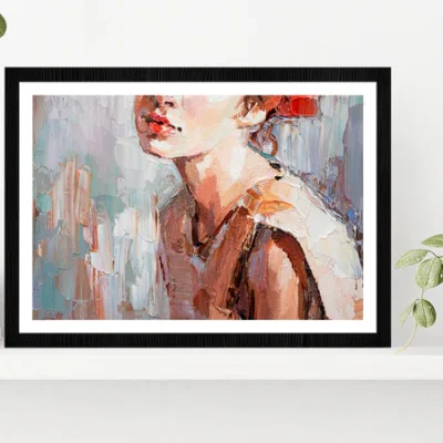 Girl With Red Lips Oil Painting Glass Framed Wall Art, Ready to Hang Quality Print