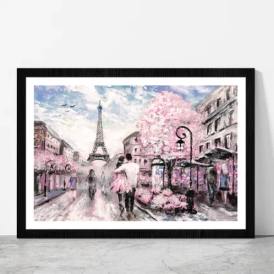 Street View Of Paris With Eiffel Tower Glass Framed Wall Art, Ready to Hang Quality Print