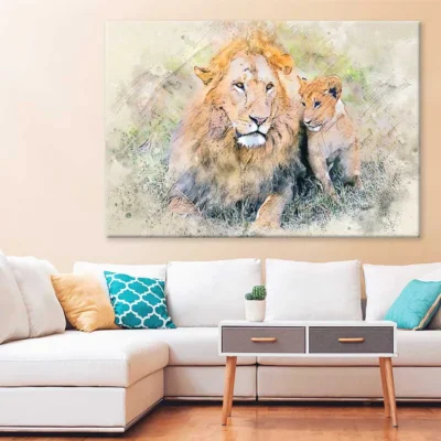 Lion with Cub Watercolor Painting Print 100% Australian Made