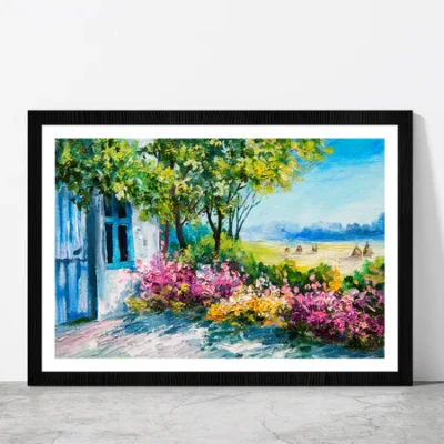 Garden Near The House & Colorful flowers Glass Framed Wall Art, Ready to Hang Quality Print
