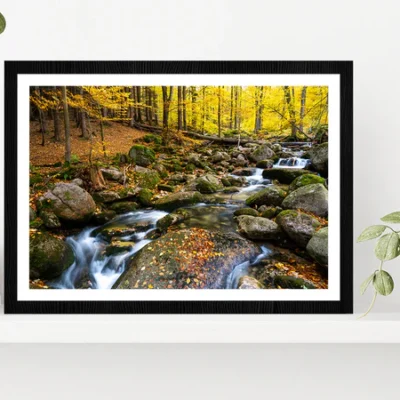 Autumn Forest With Rocky River Glass Framed Wall Art, Ready to Hang Quality Print