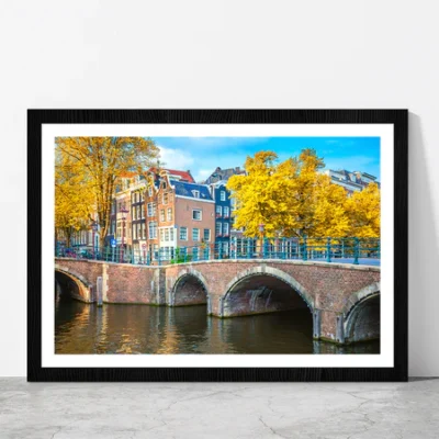 Houses & Bridge Cityscape Autumn Glass Framed Wall Art, Ready to Hang Quality Print