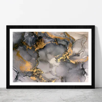 Grey & Gold Abstract Fluid Art Glass Framed Wall Art, Ready to Hang Quality Print