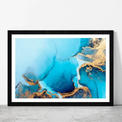 Blue Abstract Marble Liquid Art Glass Framed Wall Art, Ready to Hang Quality Print