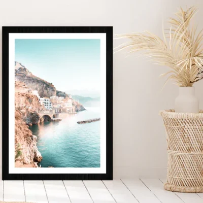 Italy Old City near Sea Blue Sky Photograph Glass Framed Wall Art, Ready to Hang Quality Print