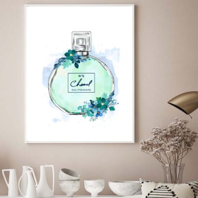 Green Colored Perfume with Flowers Design Home Decor Premium Quality Poster Print Choose Your Sizes