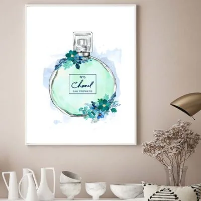 Green Colored Perfume with Flowers Design Home Decor Premium Quality Poster Print Choose Your Sizes