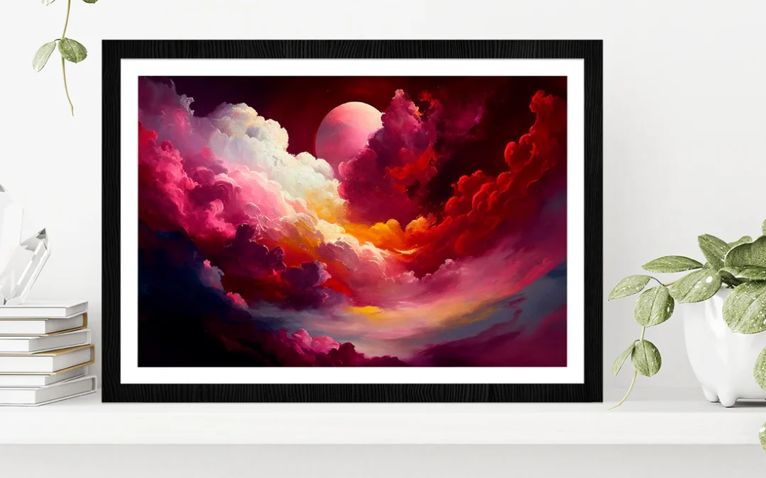 Red Mixed Colorful Cloudy Sky With Moon Glass Framed Wall Art, Ready to Hang Quality Print