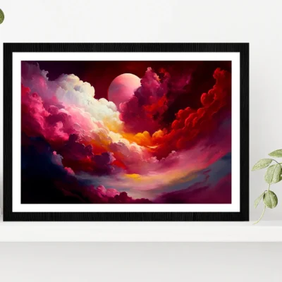 Red Mixed Colorful Cloudy Sky With Moon Glass Framed Wall Art, Ready to Hang Quality Print
