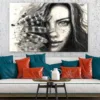 Girl Face Portrait with Feathers Black & White Print 100% Australian Made