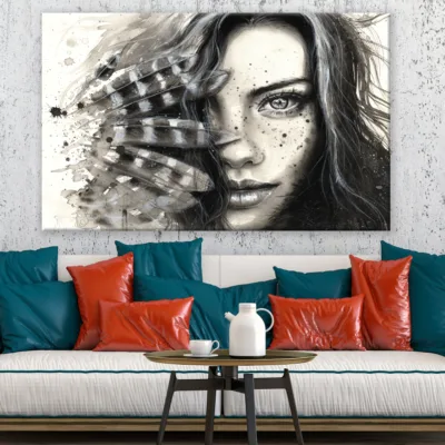 Girl Face Portrait with Feathers Black & White Print 100% Australian Made