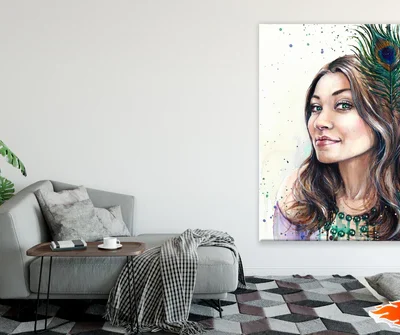 Girl Portrait with a Feather Headdress Painting Print 100% Australian Made