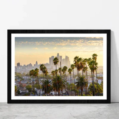 Downtown Los Angeles At Sunset Glass Framed Wall Art, Ready to Hang Quality Print
