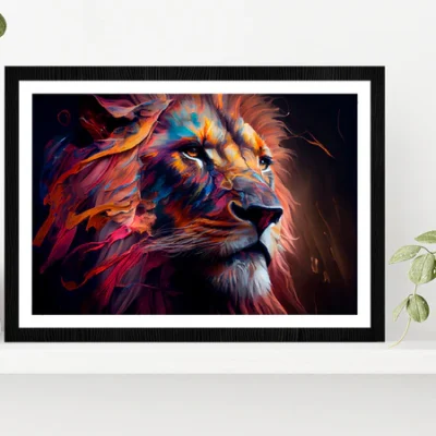Lion Colorful Oil Painting Glass Framed Wall Art, Ready to Hang Quality Print